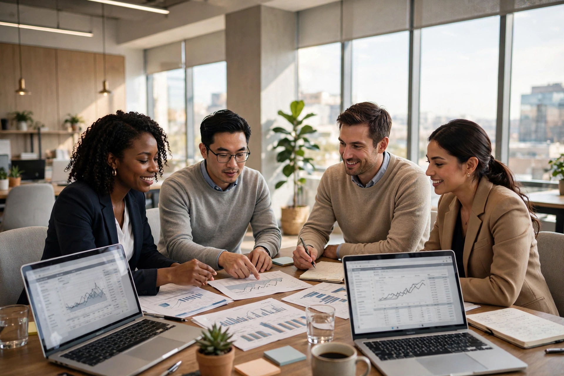 Finance team reviewing reports together in a bright office